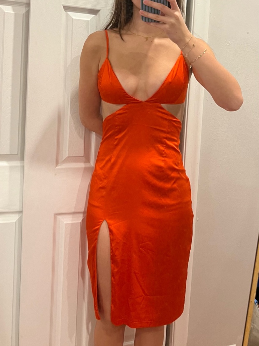 superdown Orange Satin Cutout Midi Dress with Thigh Slit